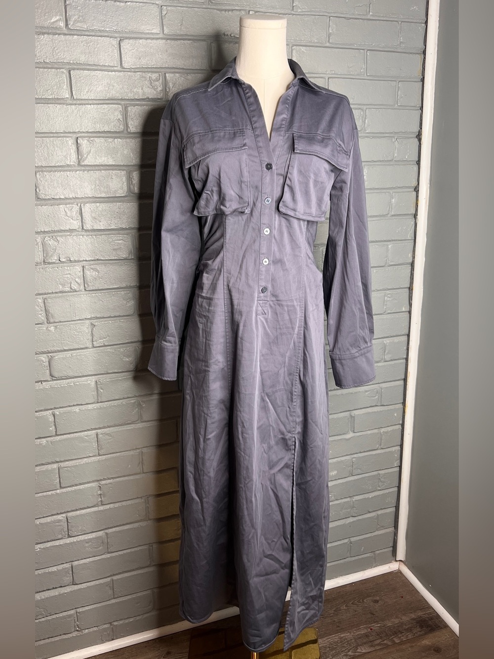 Zara Long Sleeve Blue-Grey Utility Shirt Maxi Slit Dress
